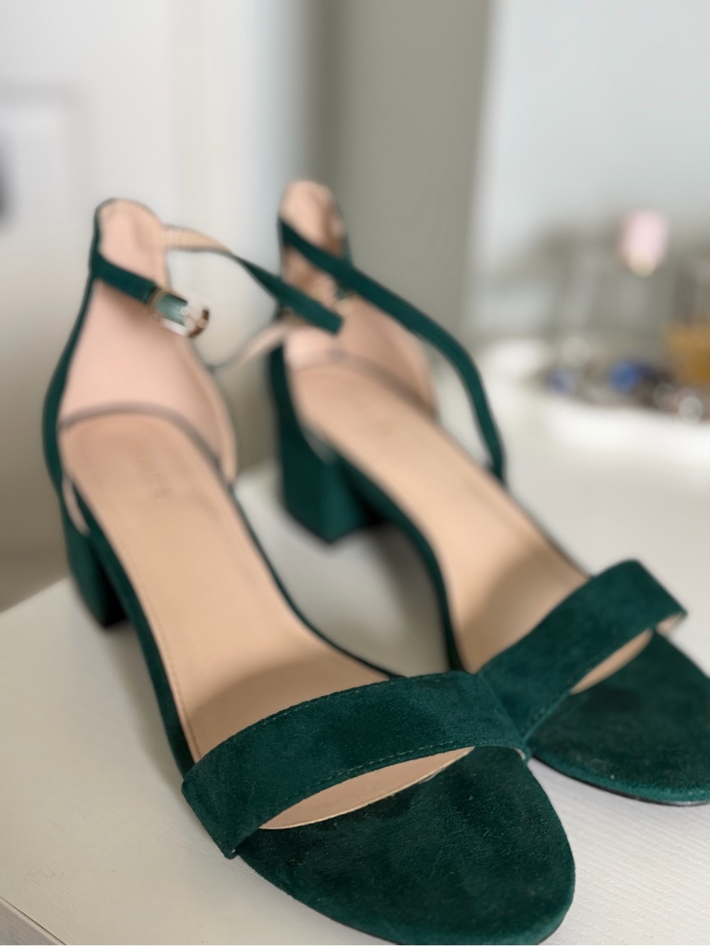 Amazon Green Suede Block Heel Sandals with Ankle Strap